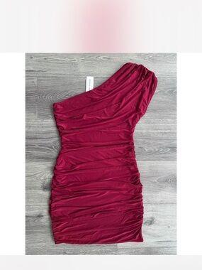 naked wardrobe One-Shoulder Ruched Cranberry Bodycon Dress